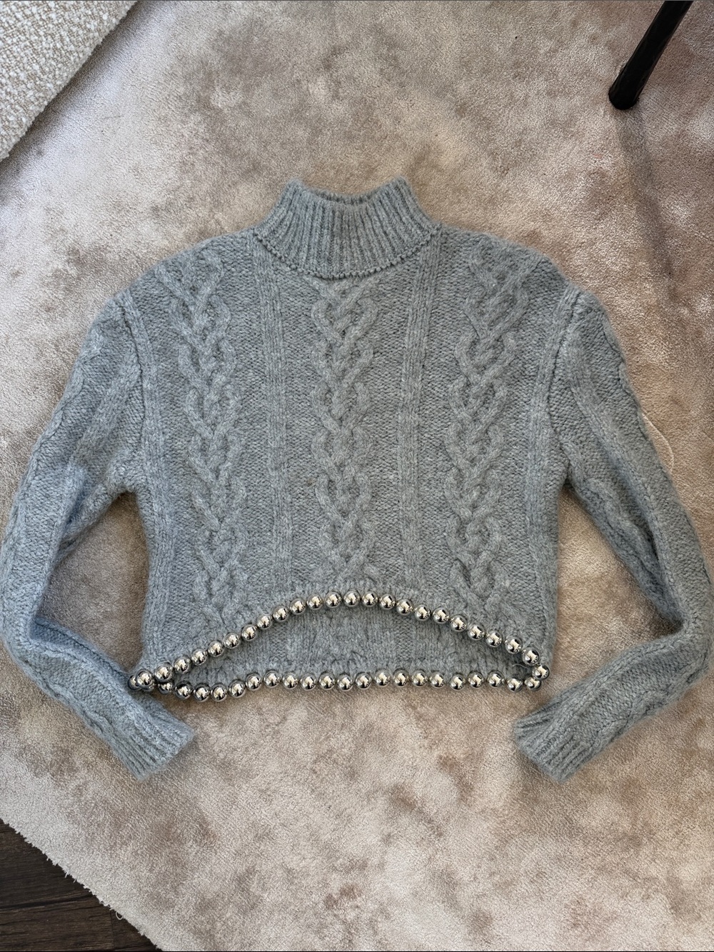 Zara Gray Cable Knit Turtleneck Sweater with Silver Bead Hem